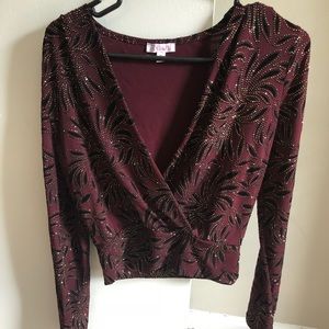 Maroon Long sleeve Sparkly Leaf Glitter crop top